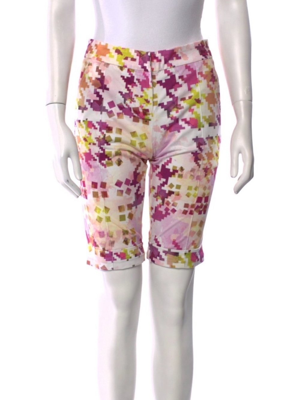 Silvia Tcherassi Pink and Yellow Pixel-Print Knee Shorts